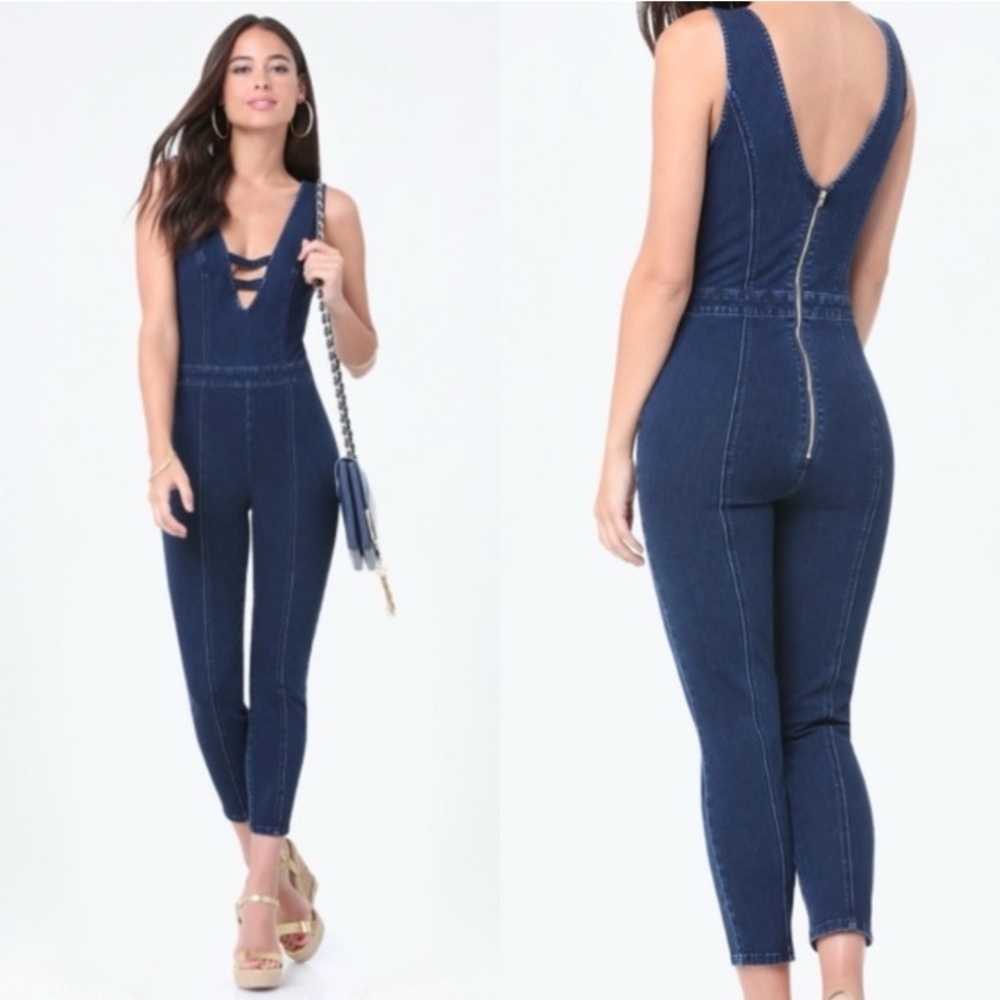 Bebe Dark Wash Denim Jumpsuit | Size 00 | Deep V Stretch Zip Back Bodycon